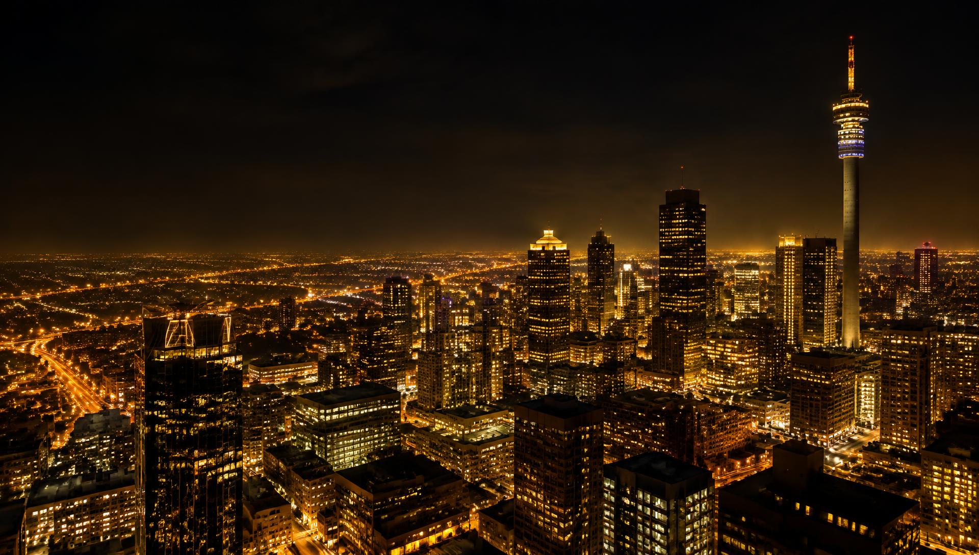 City skyline lit up at night